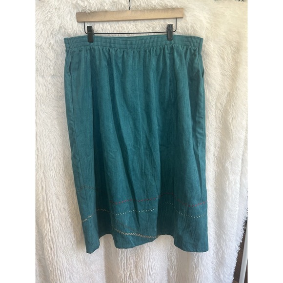 Vintage 80s Koret Embroidered Midi Skirt Size 24W Faux Suede Cottage Grannycore - Picture 6 of 11